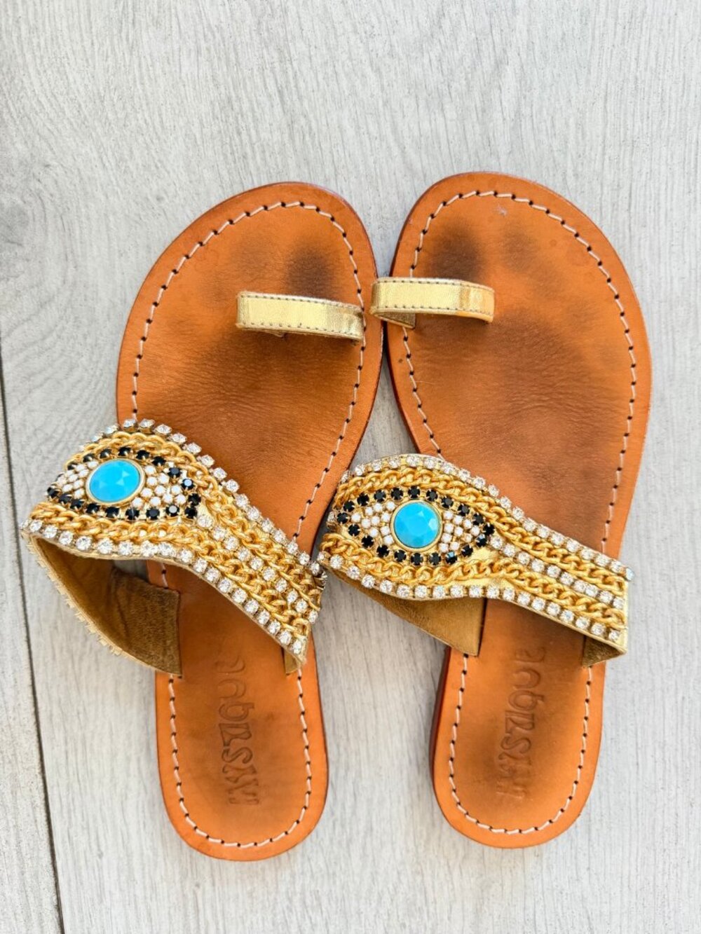 Mystique Embellished Toe Loop Flat Sandals Gold Turquoise Crystal